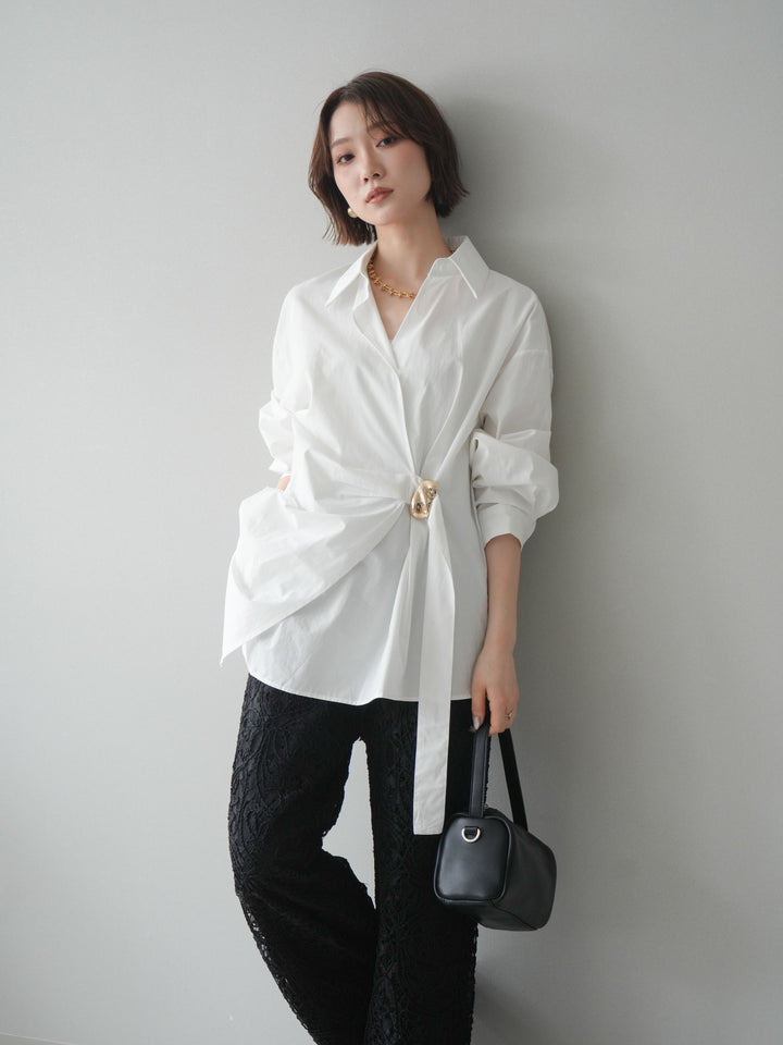 [SET]メタルパーツドレープシャツ+シアーコードレースイージーパンツ(2set)