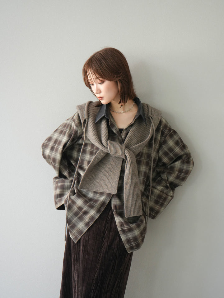 [SET]レザー襟オンブレチェックオーバーシャツ +クラッシュベロアナロースカート(2set)