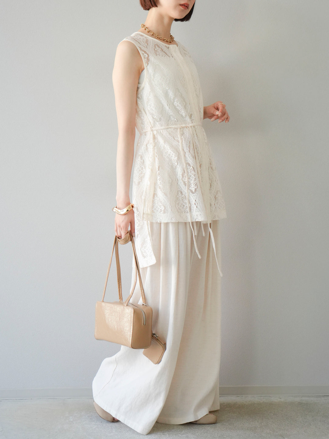 【預購】仿亞麻雙褶設計寬褲/象牙白