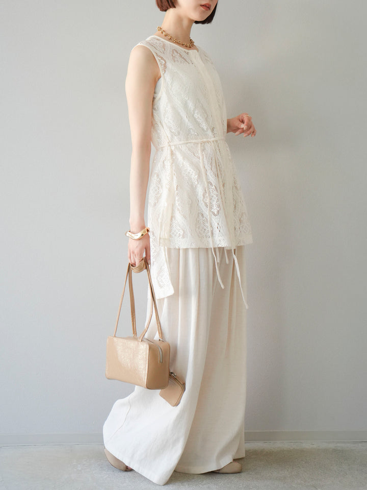 【預購】仿亞麻雙褶設計寬褲/象牙白