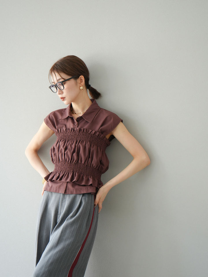 [予約]ブロードシャーリングビスチェ＆ノースリブラウスSET /ブラウン