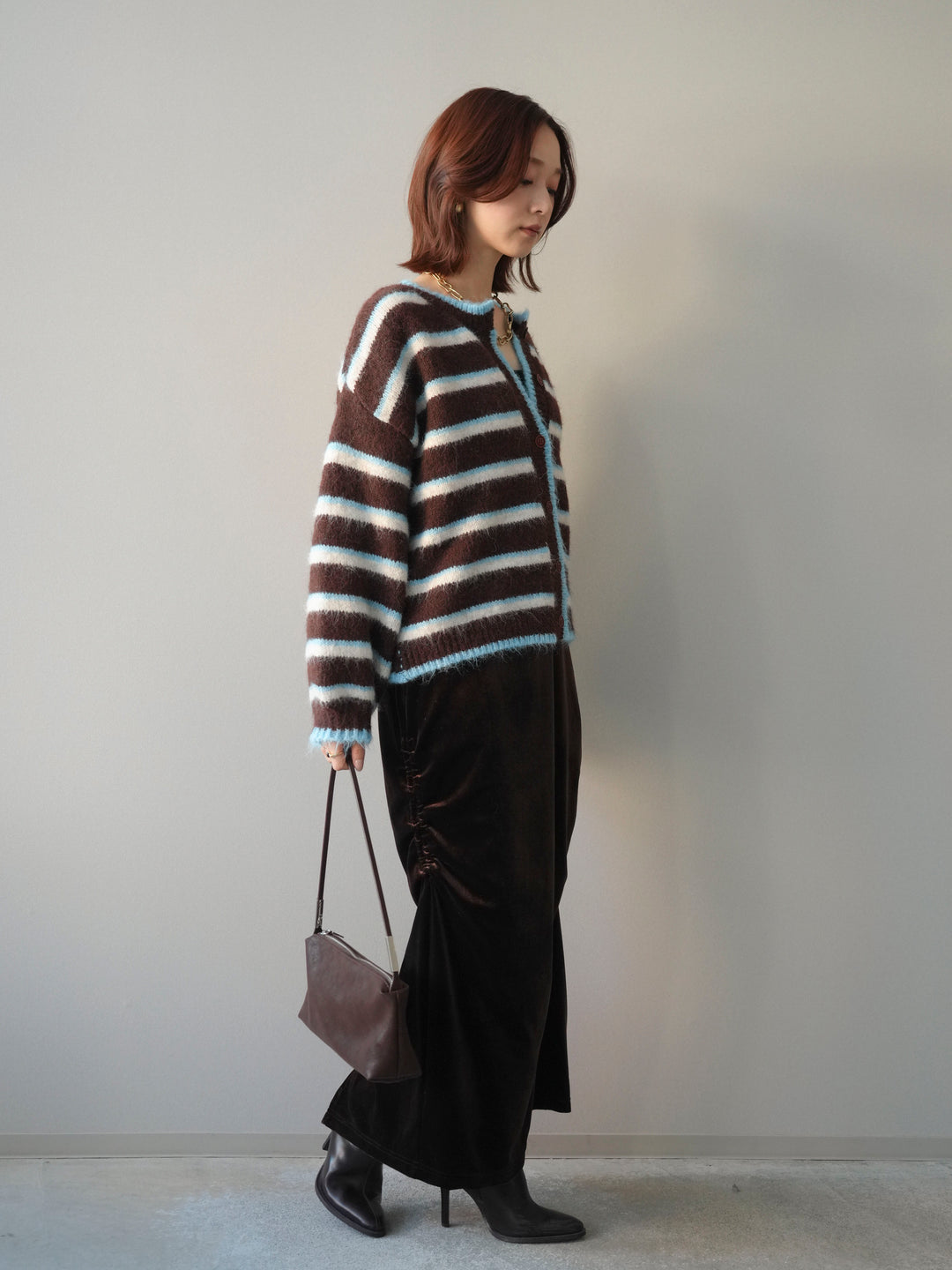[SET]ウールタッチ配色ボーダーニットカーディガン+ギャザーベロアスカート(2set)