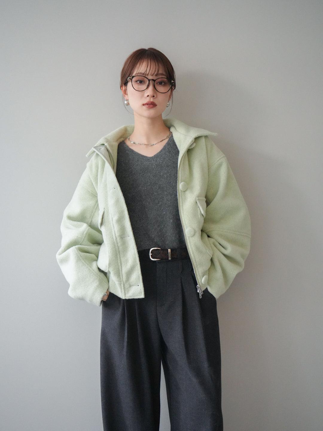 [SET]ウールライクフライトジャケット+シュシュ付きアンゴラタッチVネックニットプルオーバー(2set)