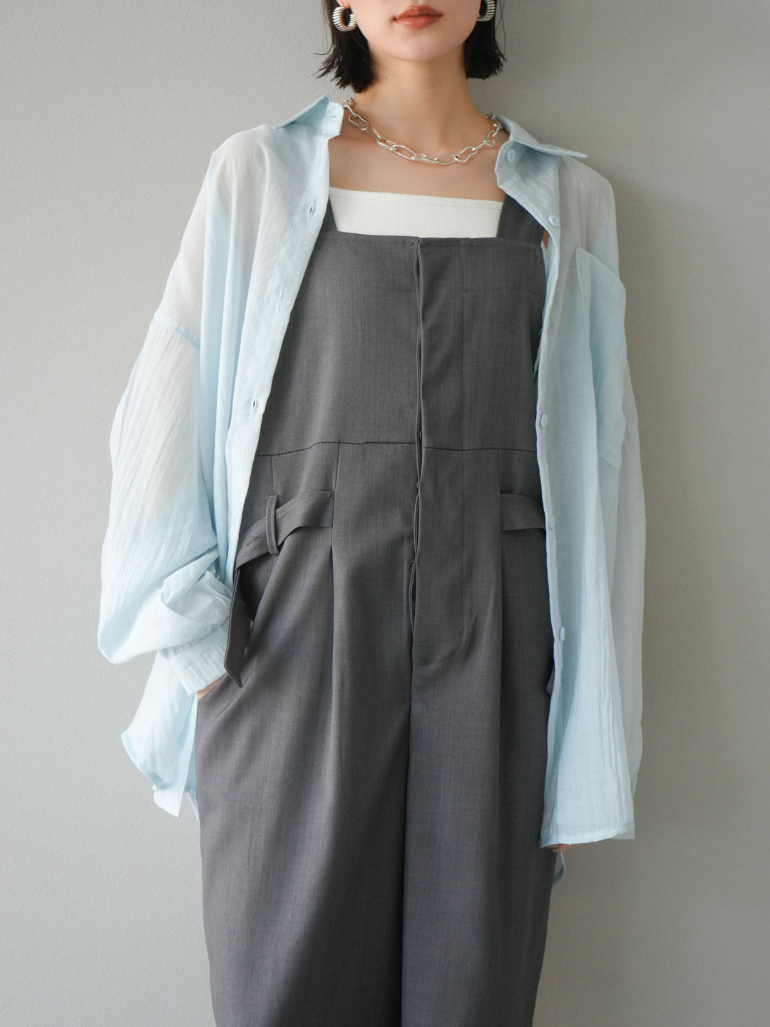 【預購】皮帶設計工裝褲/灰色