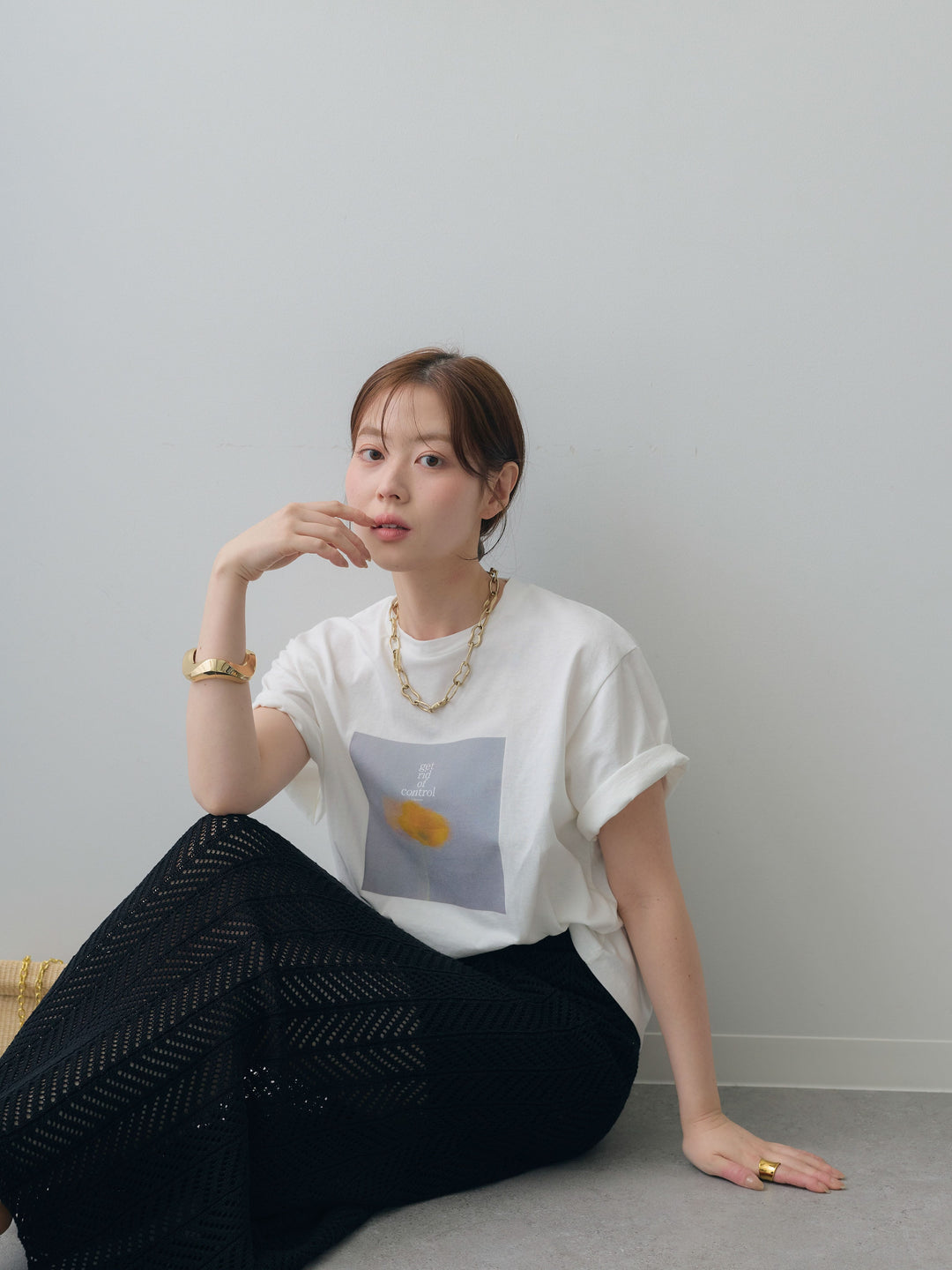 [SET]ニュアンスフローラルフォトTEE+クロシェシアーセミフレアスカート(2set)