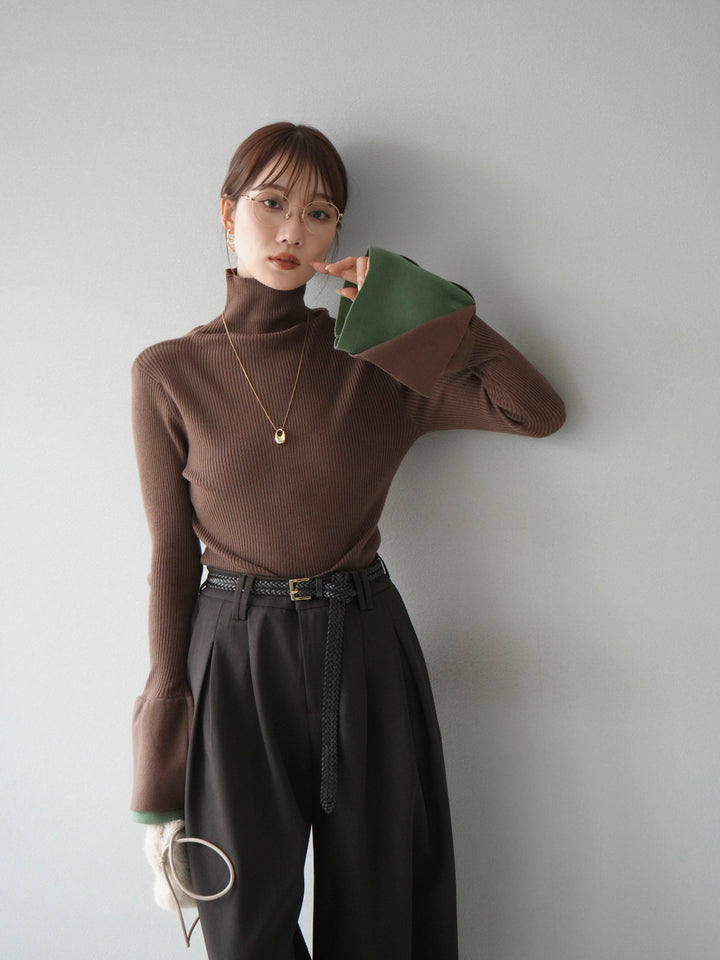 [SET] 疊層喇叭袖高領針織上衣 + 雙褶寬褲 (2 套)