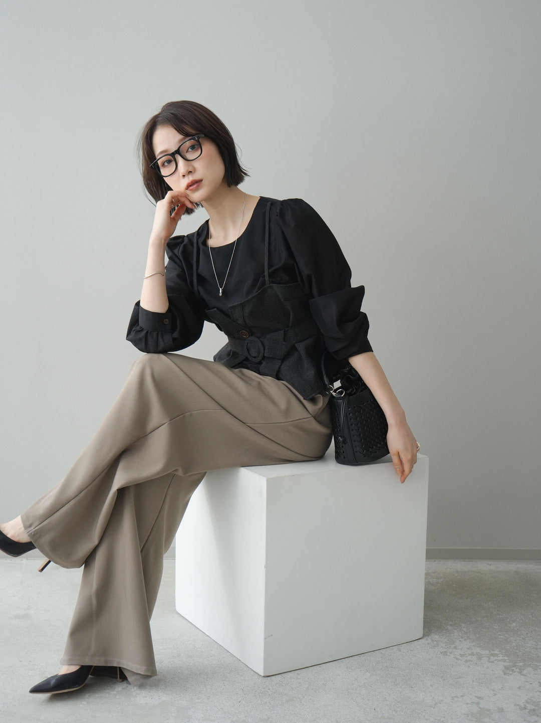 [SET]異素材ビスチェドッキングブラウス+選べるアクセセット(2set)