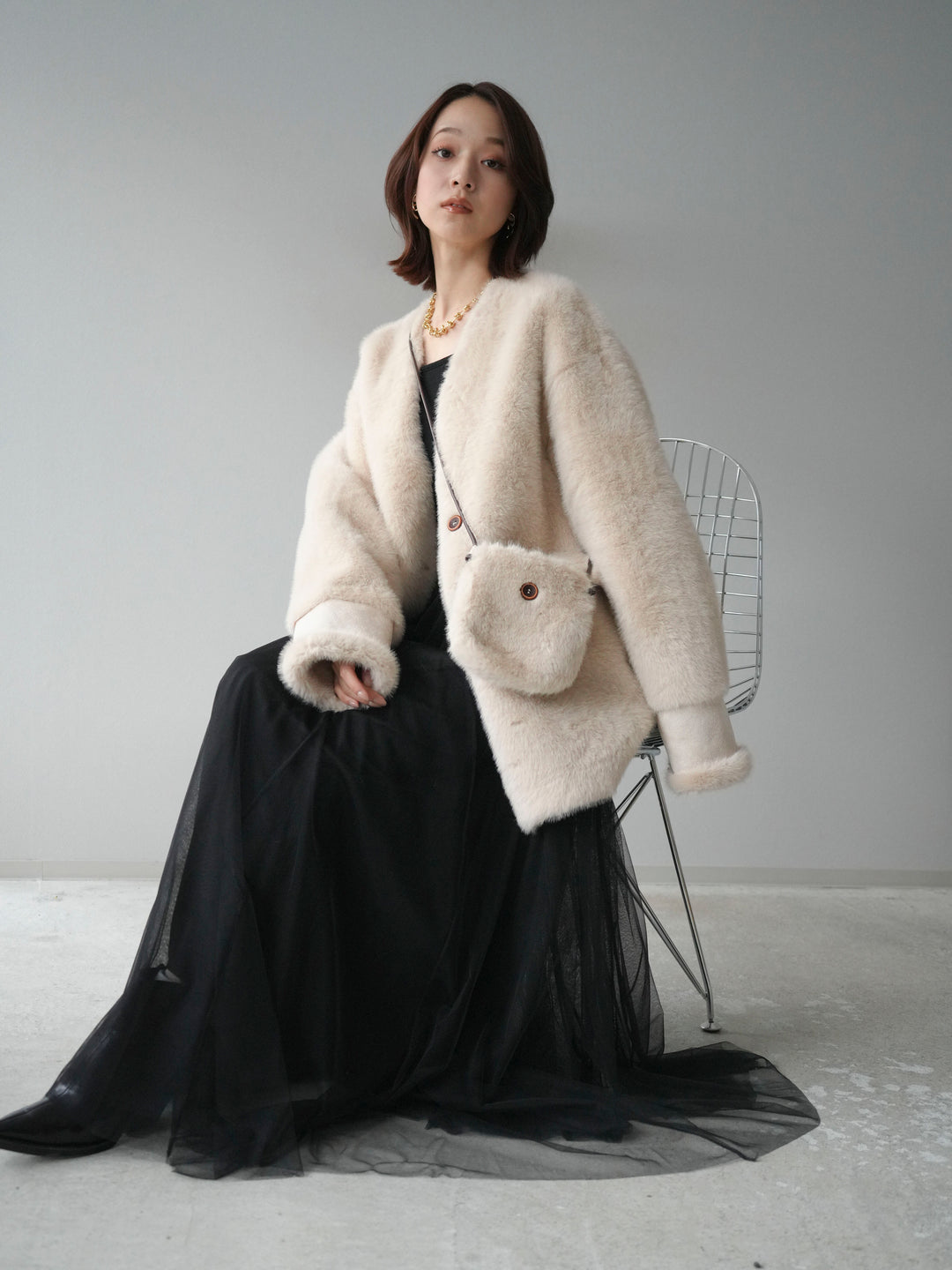 [SET]バッグ付エコファーノーカラーコート+チュールボリュームスカート(2set)