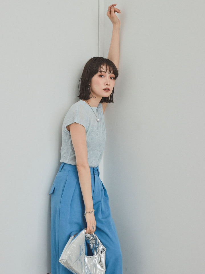 [予約]フレンチスリーブシアーニットトップス/ライトブルー