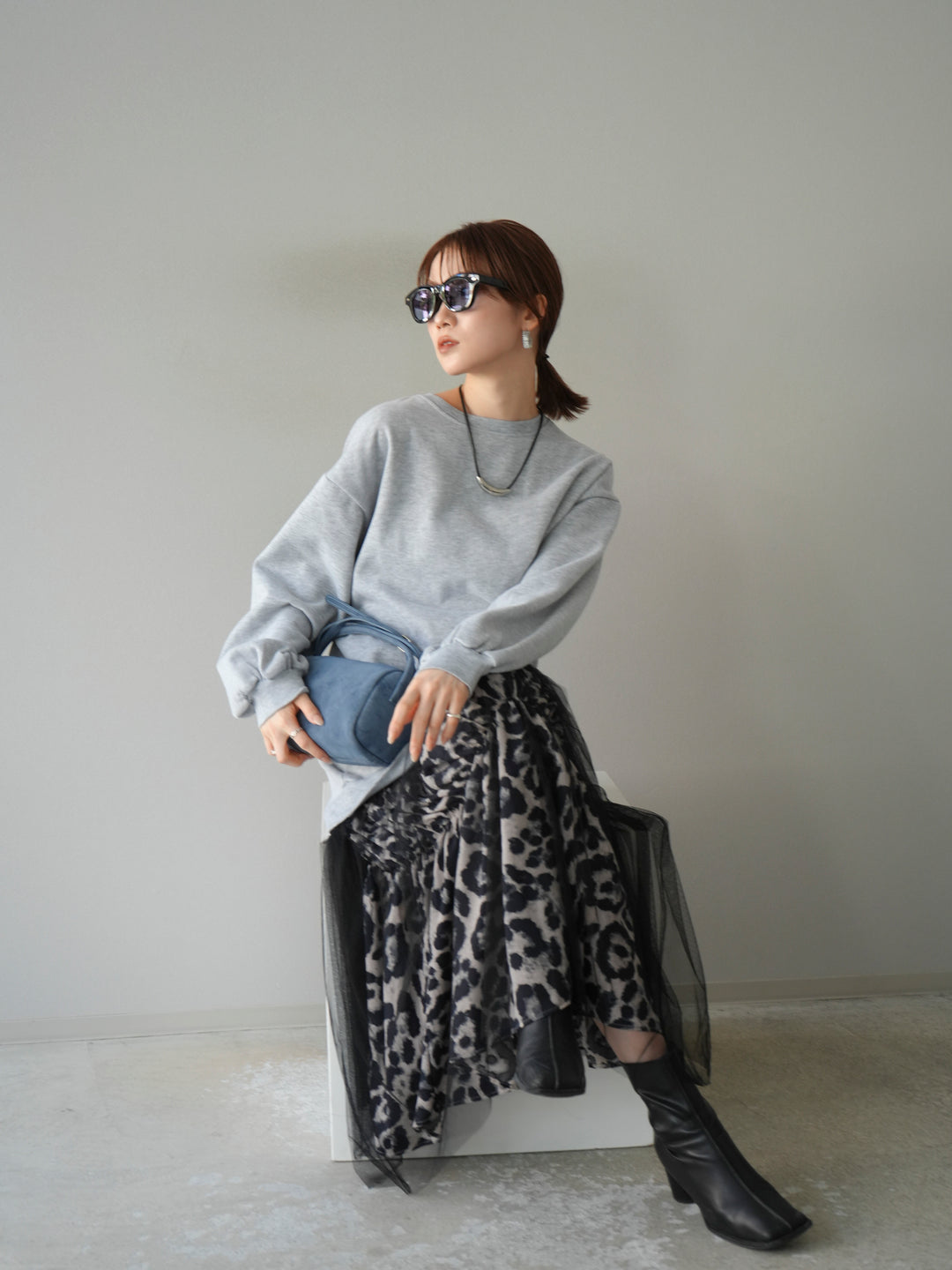 [予約]スウェットドッキングアニマル柄レイヤードワンピース/グレー