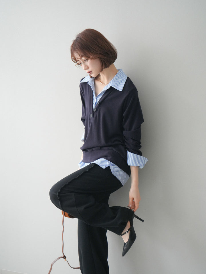 [予約]シャツレイヤードデザインカットプルオーバー/navy