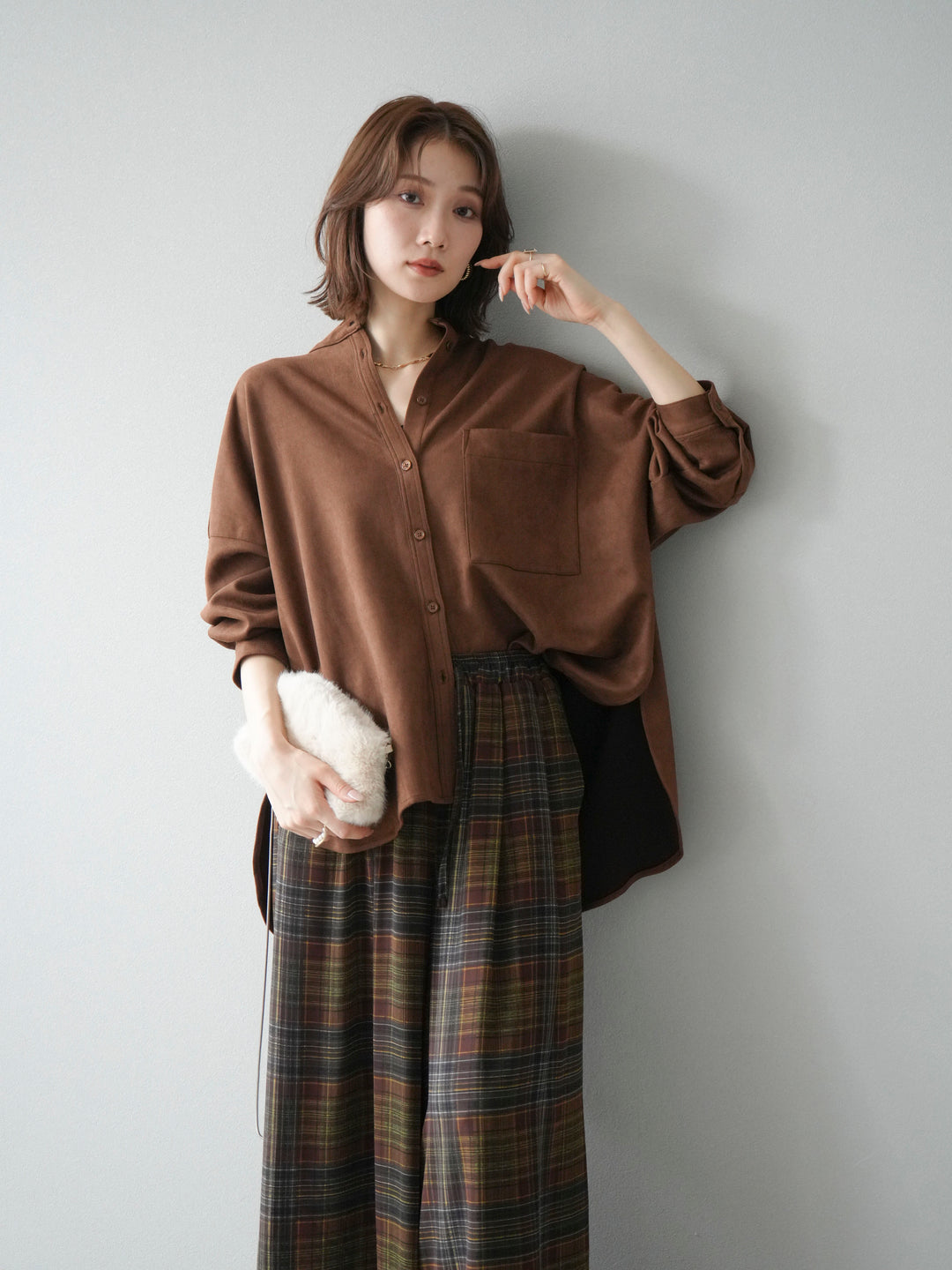 [SET]スエードバンドカラーオーバーシャツ+シアーチェックバギーパンツ(2set)