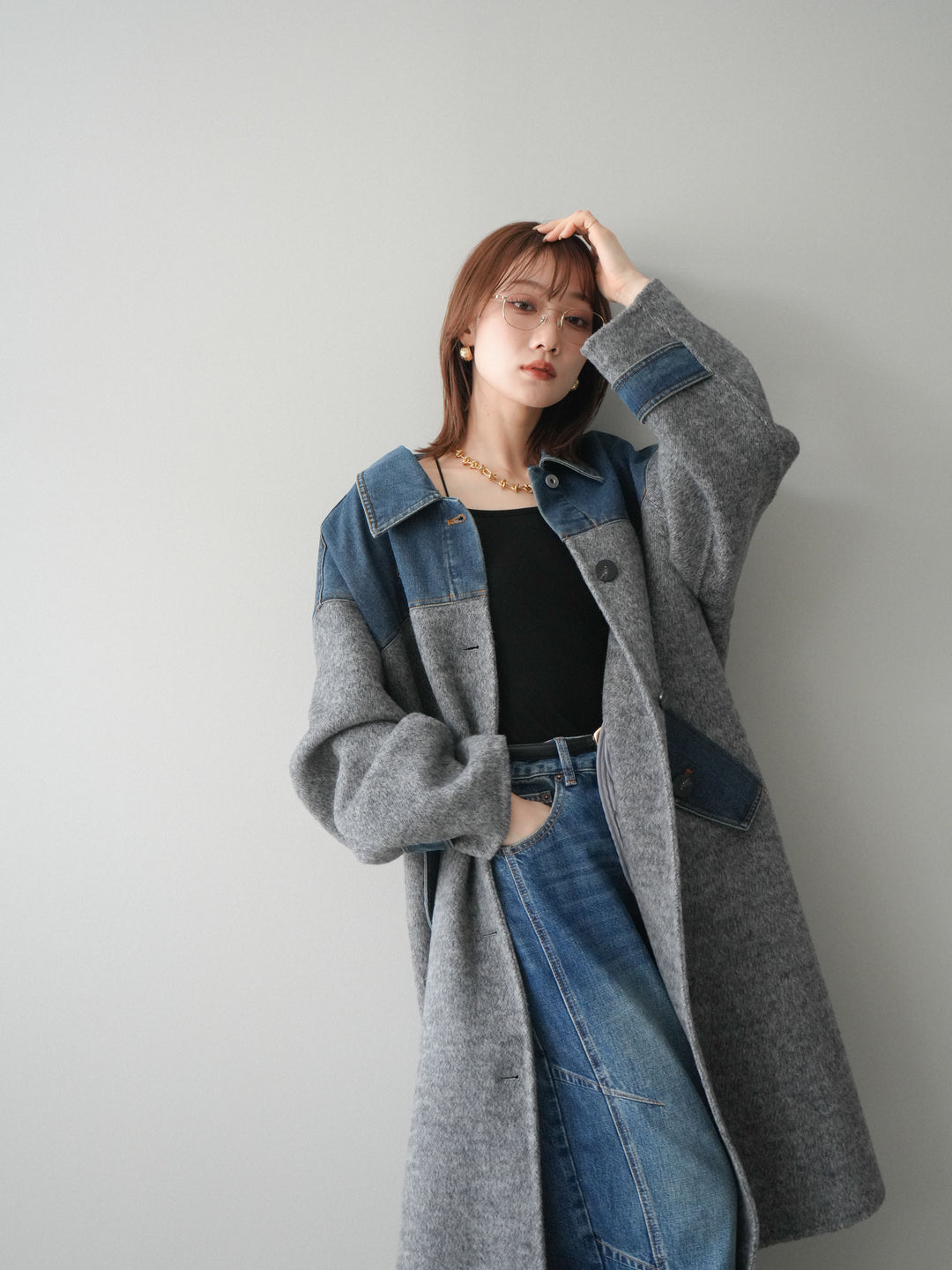 [予約]デニム切替シャギーステンカラーコート/gray