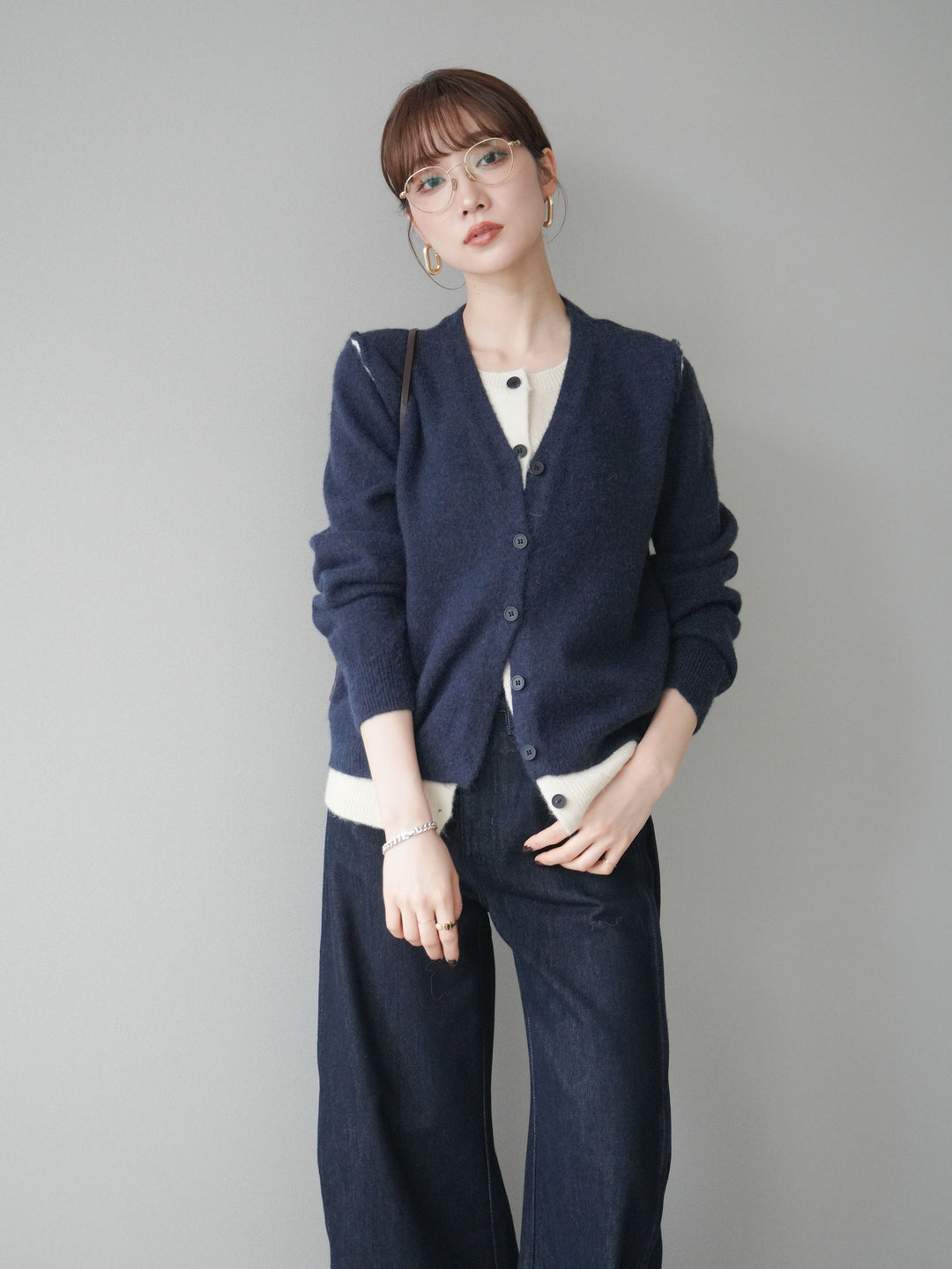 [予約]配色レイヤードニットカーディガン/navy