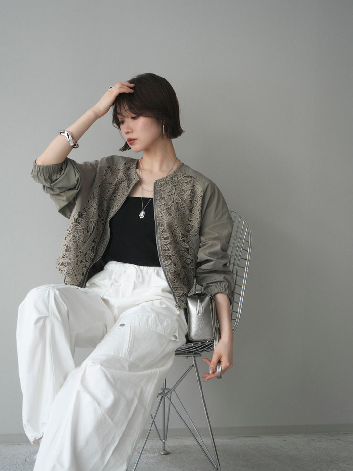 [SET]レースドッキングブルゾン+タックデザイン裾ドロストカーゴパンツ+カップ付テレコリブベアキャミソール(3set)