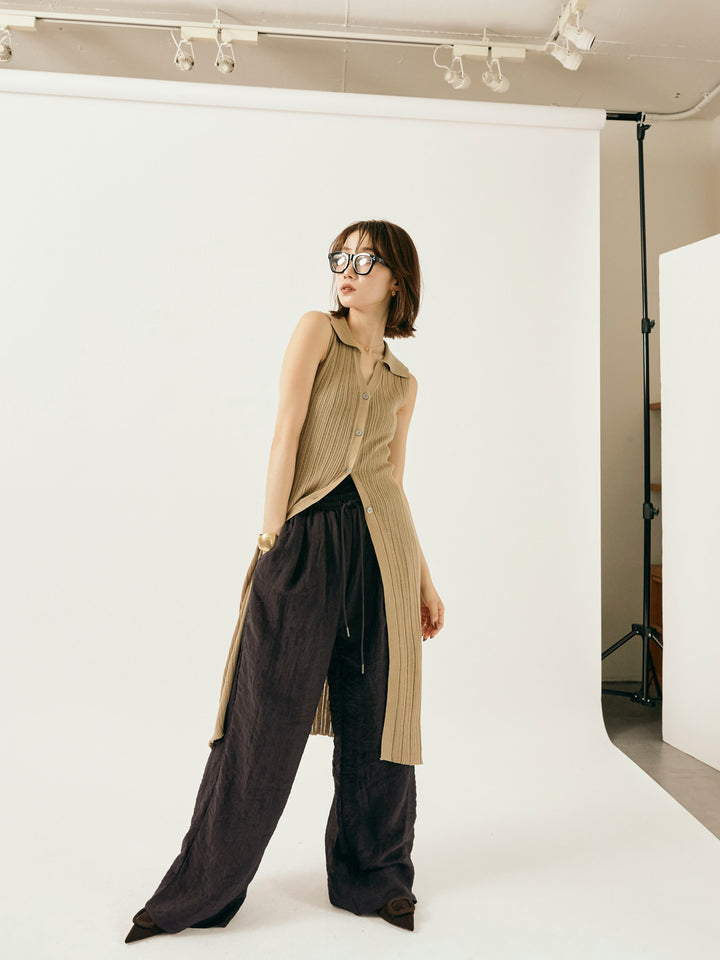 【Allure】[SET]襟付きランダムリブロングニットカーディガン+シャイニースラブシアーワイドパンツ(2set)