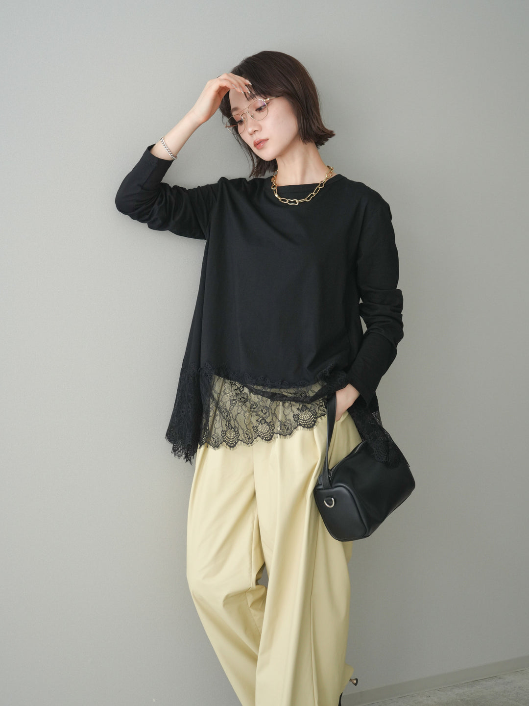 [SET]裾レースロングスリーブTシャツ+選べるアクセセット(2set)
