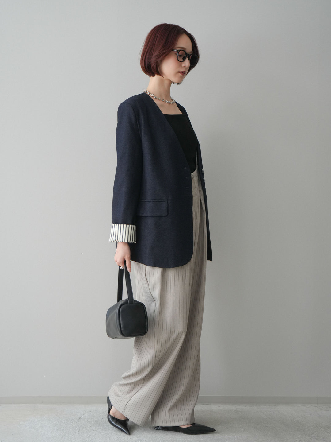 [SET]ノーカラージャケット+グログランテープストライプサロペット(2set)