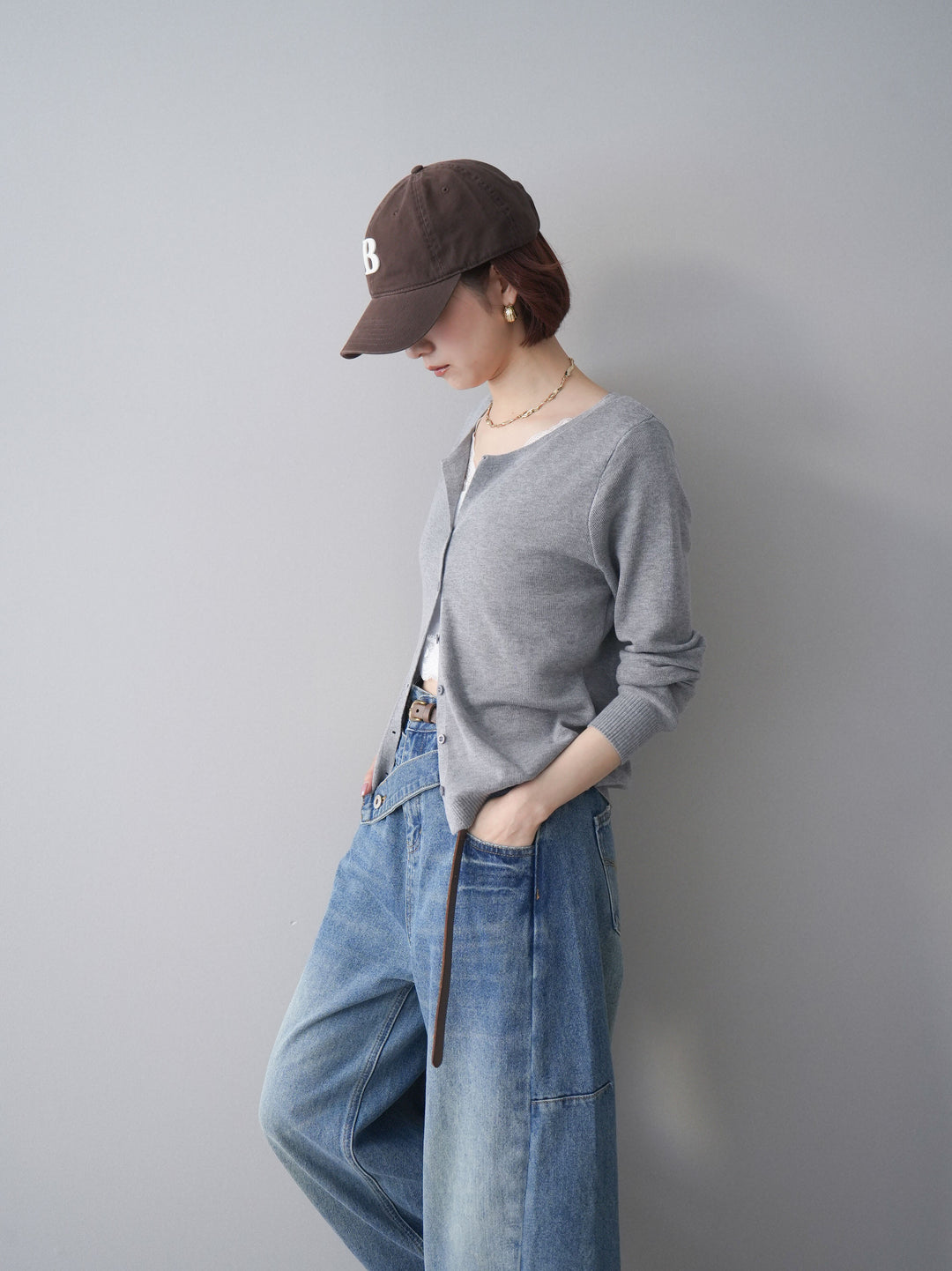 [SET]レースレイヤードニットカーディガン+アシメデザインワイドデニムパンツ(2set)