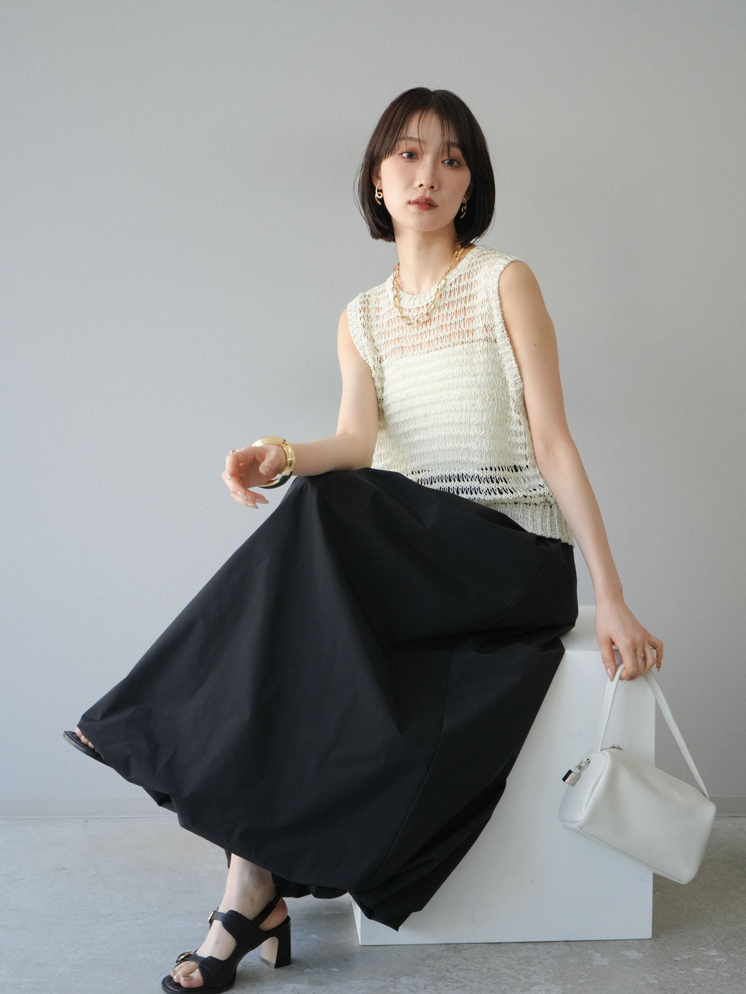 [予約]ミックスヤーン透かし編みニットタンクトップ/アイボリー