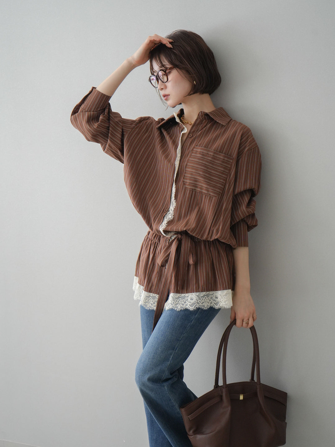 [SET]レース付ストライプウエストギャザーシャツ+フリンジデザインセミフレアデニム(2set)