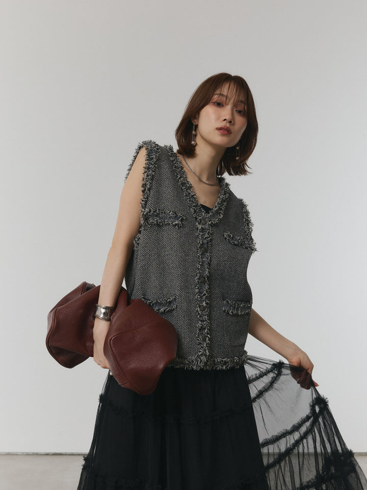 [予約]アンティークボタンツイードフリンジニットベスト/ブラック