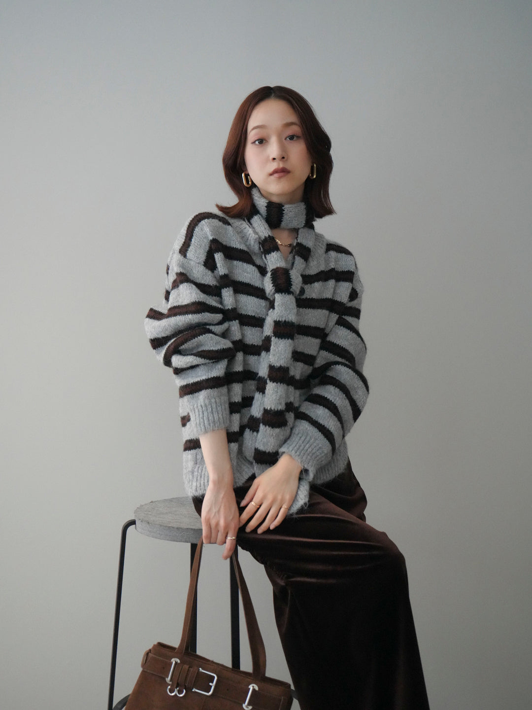 [予約]ボウタイ付きボーダーニットプルオーバー/gray