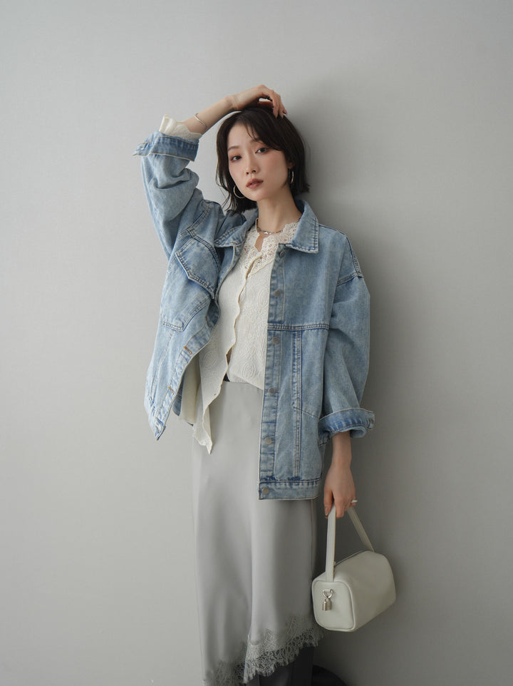 [SET]デザインBIGポケットオーバーデニムジャケット+レースネックジャガードニットカーディガン+サテンライクアシメレーススカート+センターシームフレアパンツ(4set))