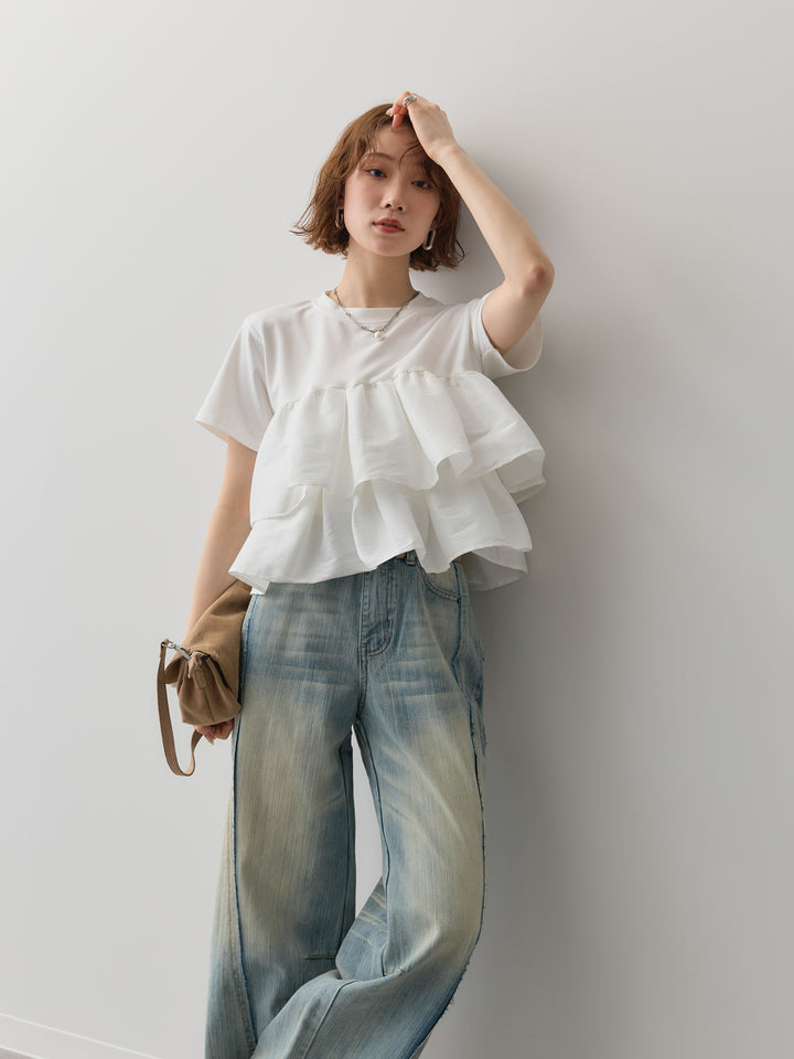 [SET]フリルティアードTEE+縦ウォッシュワイドデニムパンツ(2set)