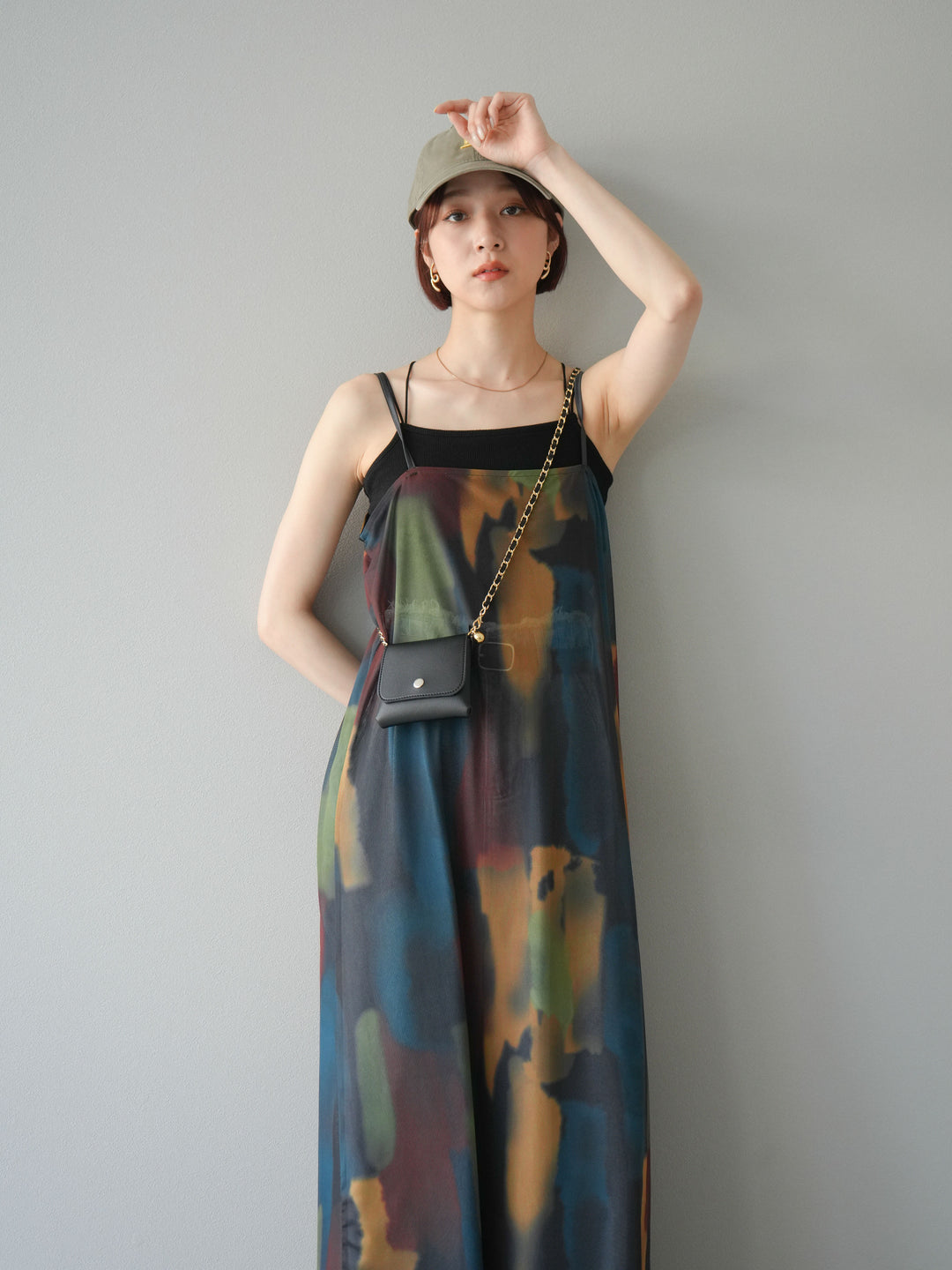 [予約]水彩アートシアーキャミワンピース/チャコール