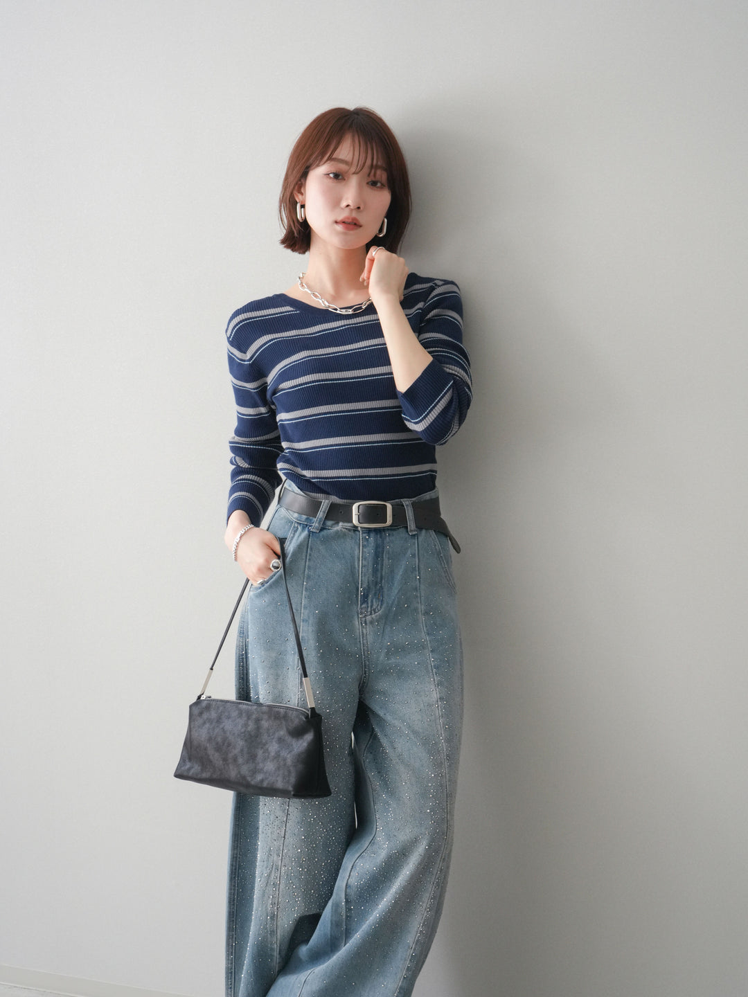 [予約]バックオープンテレコリブマルチボーダートップス/navy