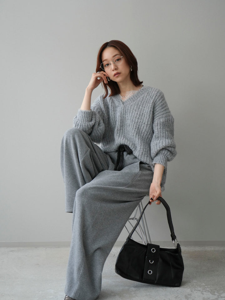 [SET]Vネックレースニットプルオーバー+編み込みベルト付きウエスト配色スエットパンツ(2set)