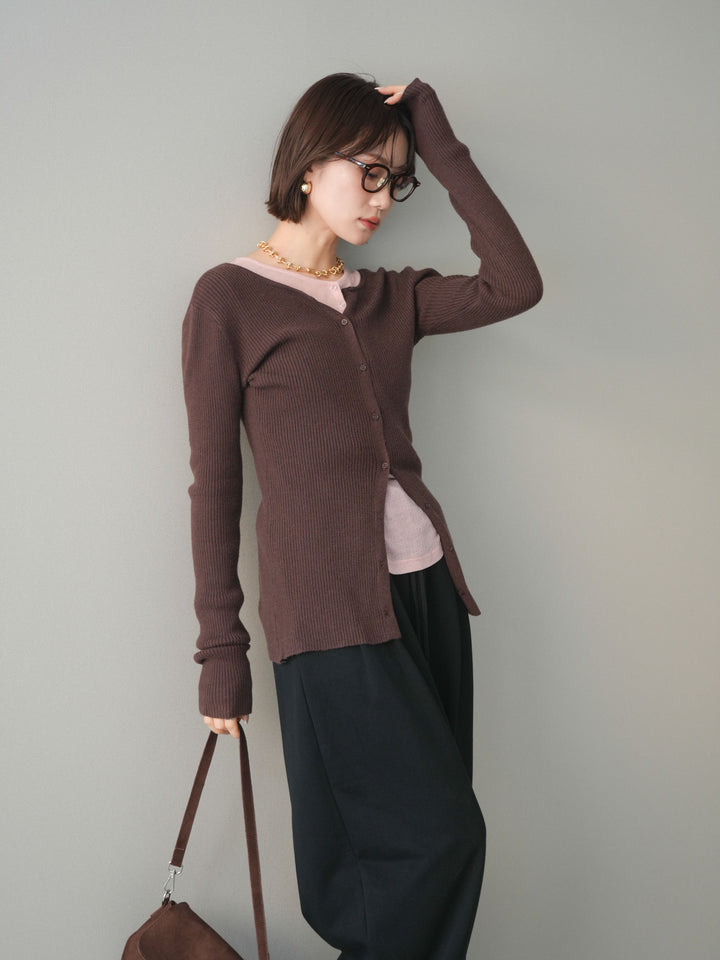 [予約]前後2WAYリブ編みクルーネックカーディガン/darkbrown