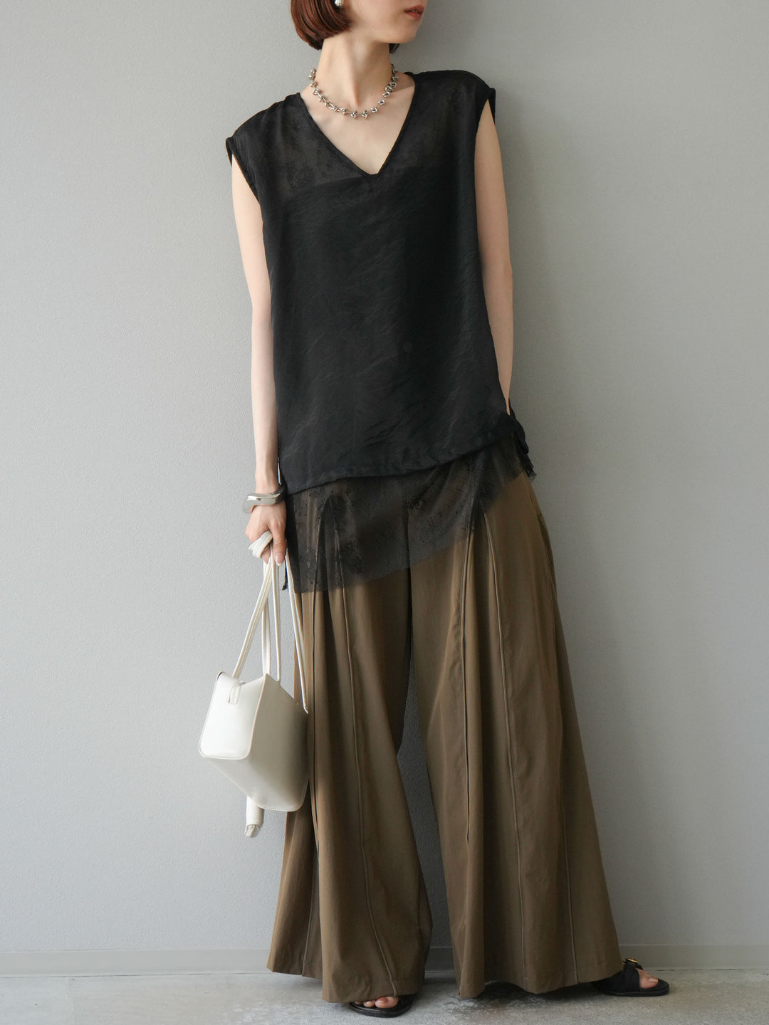 [予約]レースレイヤードオーガンジートップス/ブラック