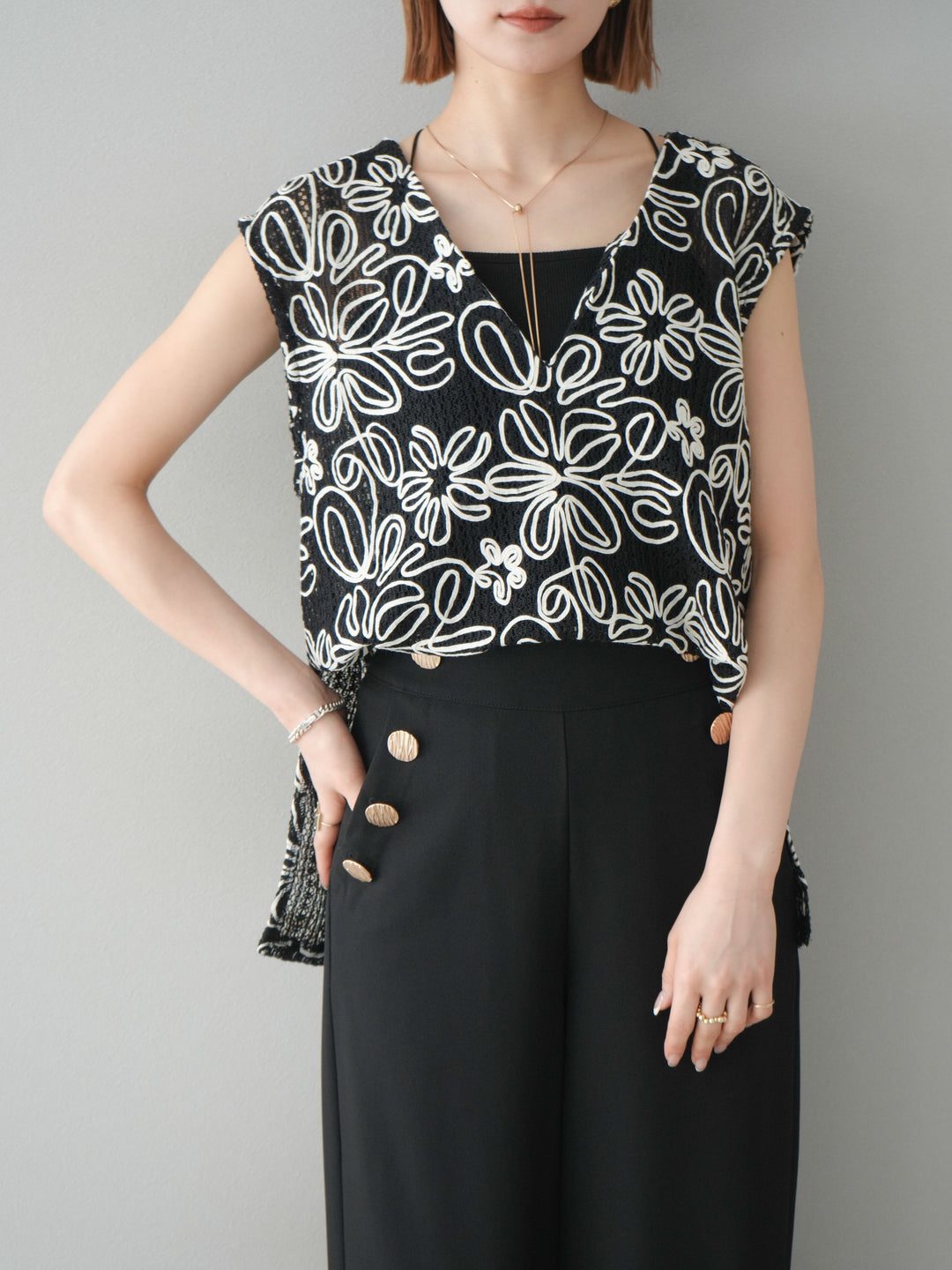 [予約]メッシュコード刺繍ベスト/ブラック