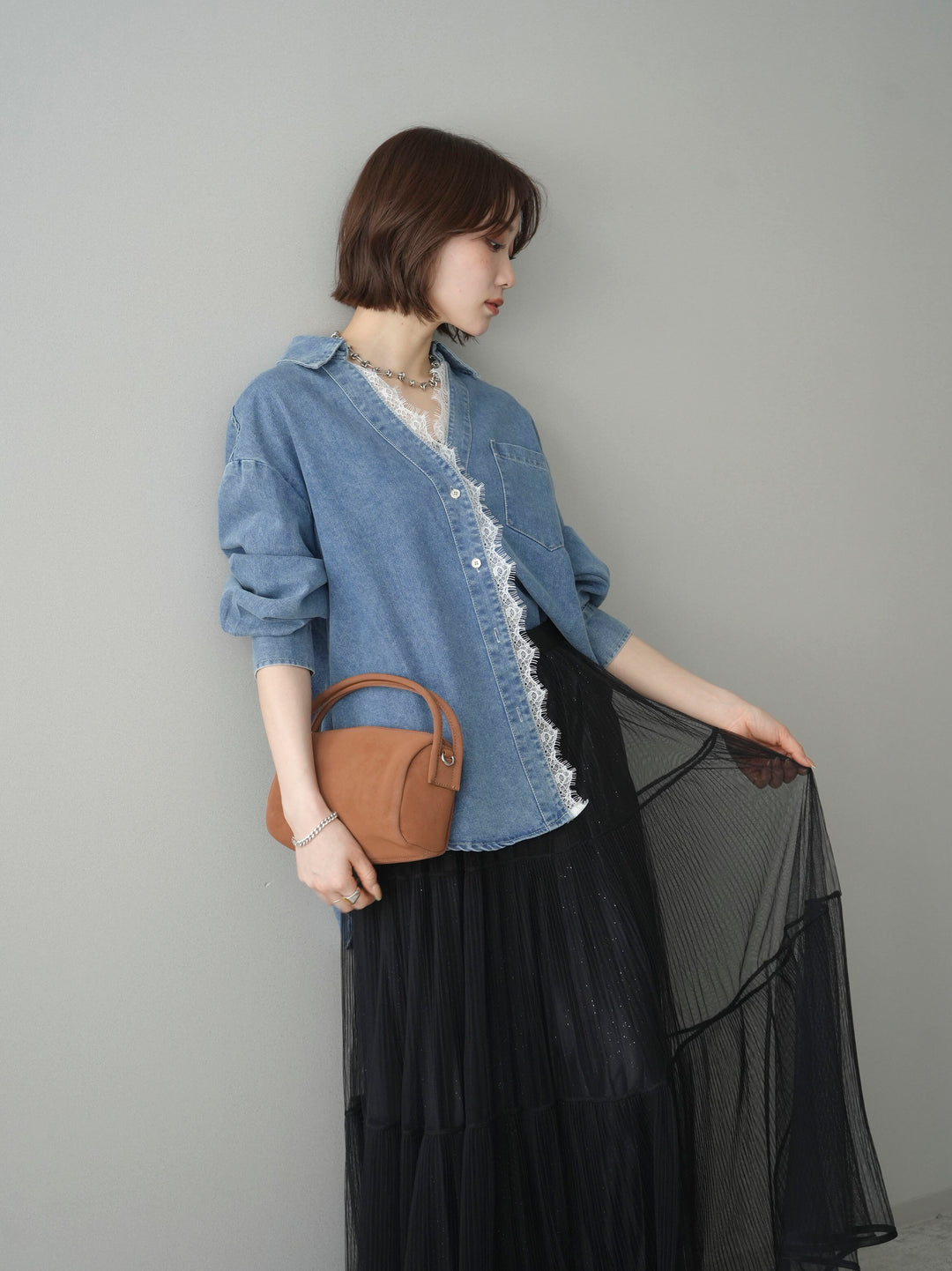 [SET]レースレイヤードデニム開襟シャツ+ラメプリーツレイヤードチュールロングスカート(2set)