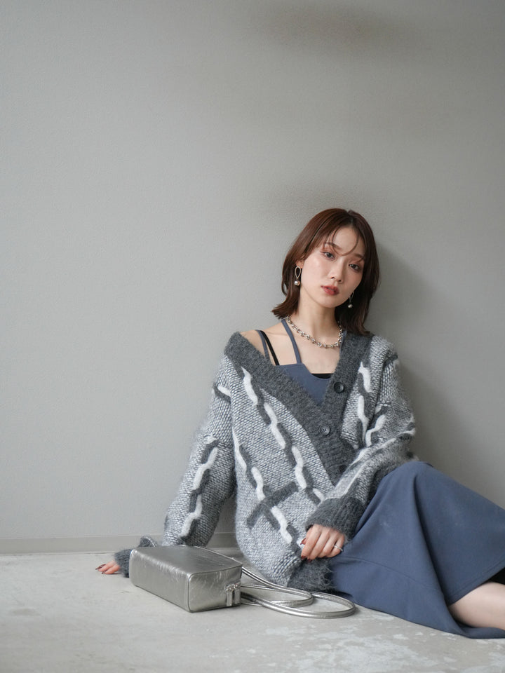 [予約]バイカラー編み込みデザインニットカーディガン/グレー