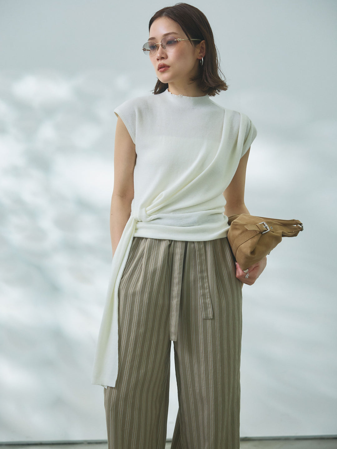 【Allure】[SET]サイドベルトボトルネックノースリーブニットトップス+サイドベルトボトルネックノースリーブニットトップス(2set)