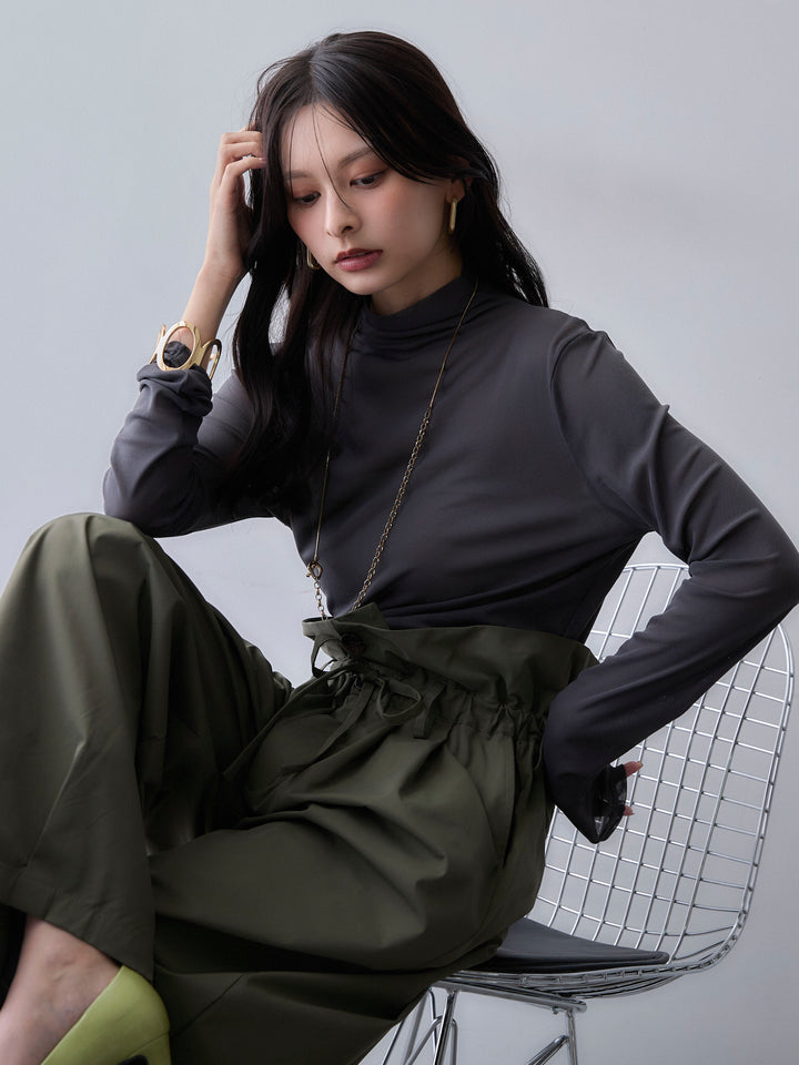 [SET]メッシュボトルネックトップス+2WAYロールアップワイドパンツ(2set)