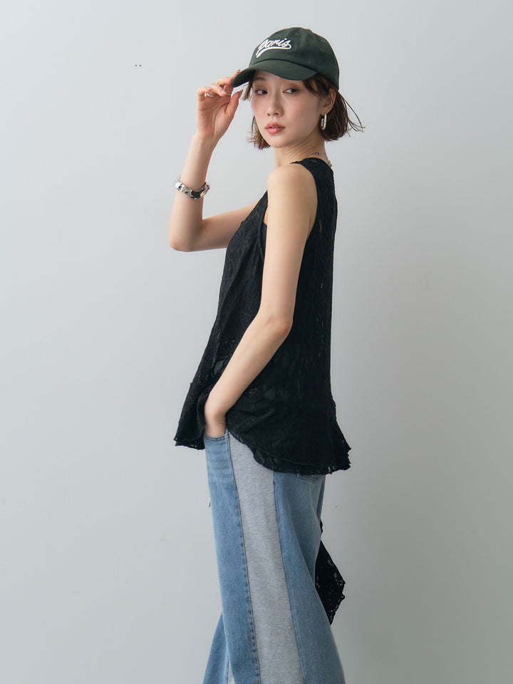 [予約]ラッフルレースアシメペプラムノースリトップス//black