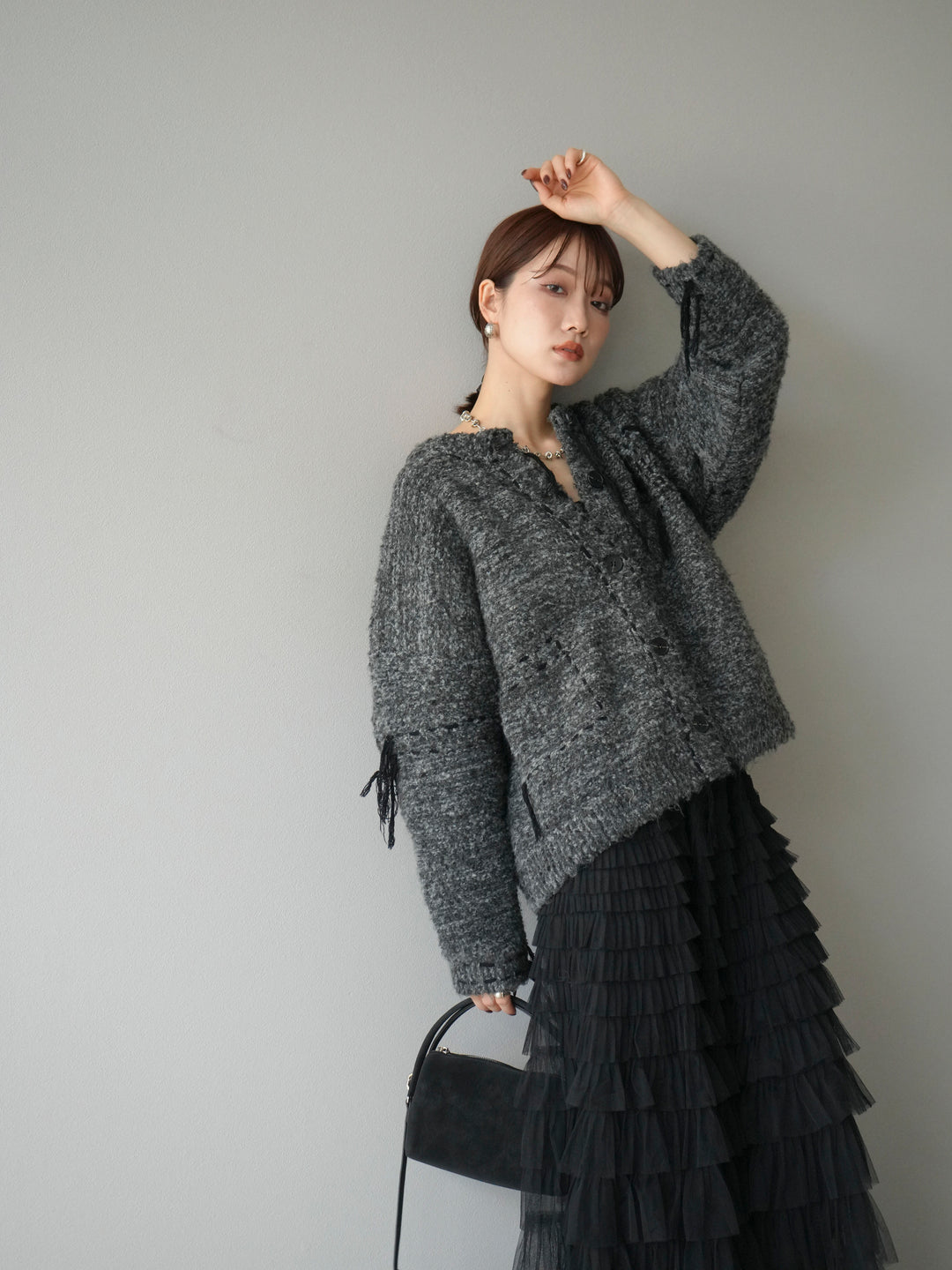 [予約]ハンドステッチデザインニットカーディガン/ブラック