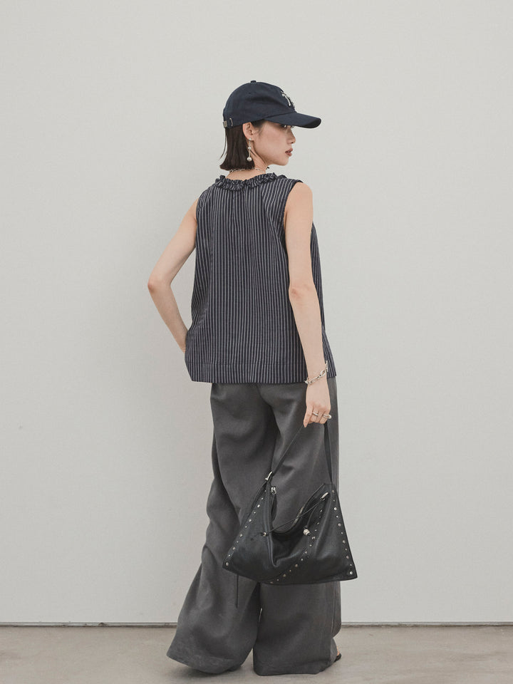 [SET] 條紋荷葉邊襯衫 + 亞麻觸感褶皺寬褲 (2 件套)