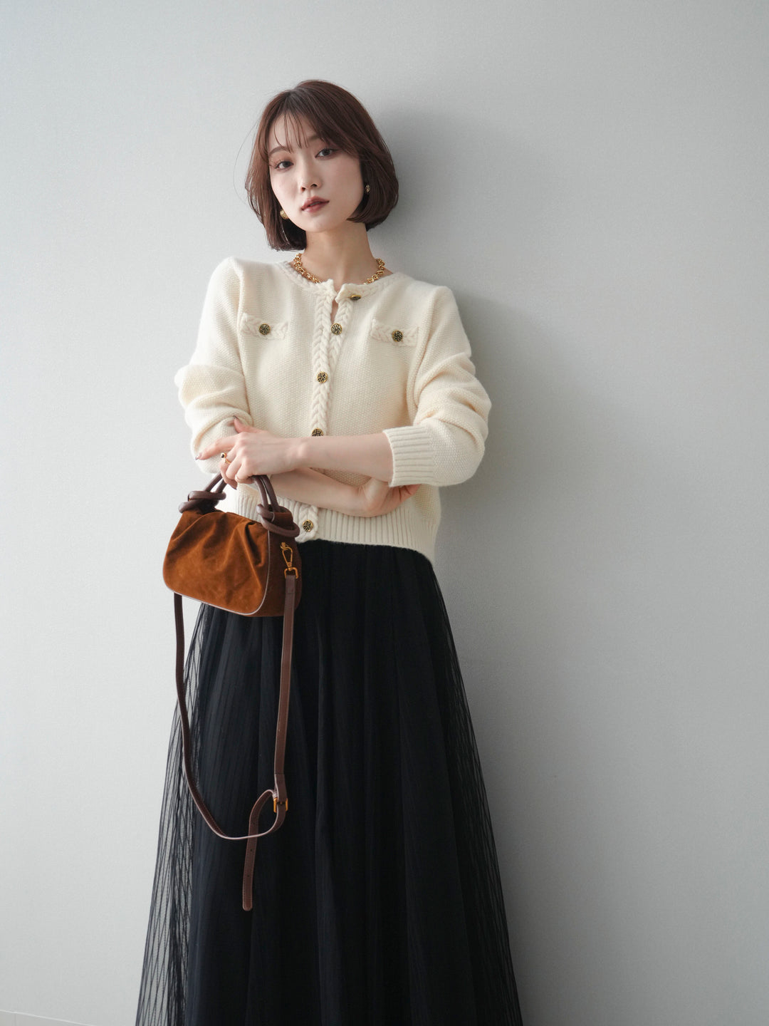 [SET]編みこみアンティークボタンニットカーディガン+チュールストライプボリュームスカート(2set)