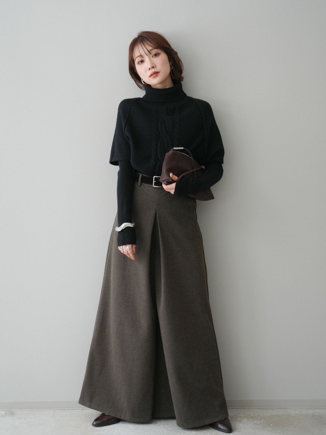 [予約]ベルト付きフロントタックワイドパンツ/brown