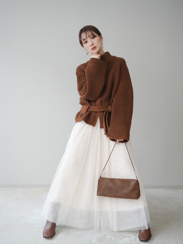 [SET]畦編みボトルネックZIPニットカーディガン+チュールボリュームスカート(2set)