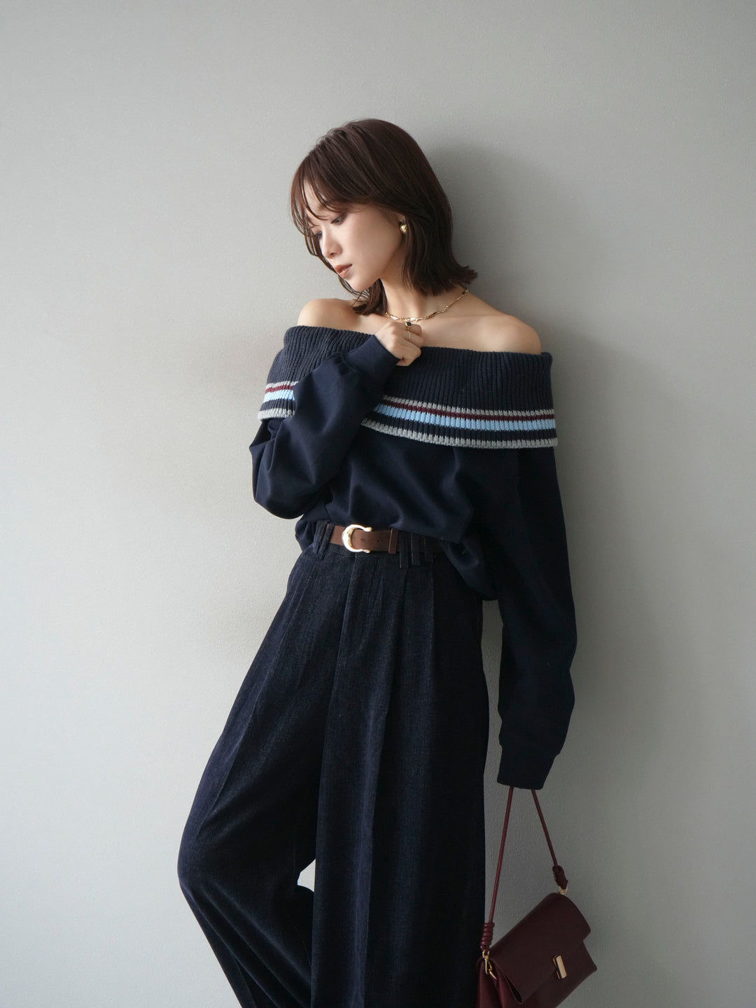 [予約]ボーダーニットオフショルダーxスウェットプルオーバー/navy