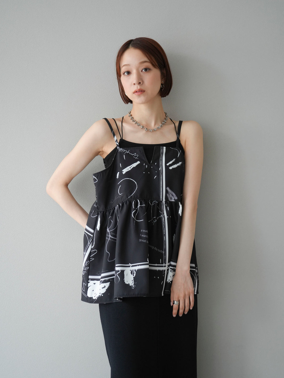 [予約]ペイント柄キャミソール/ブラック