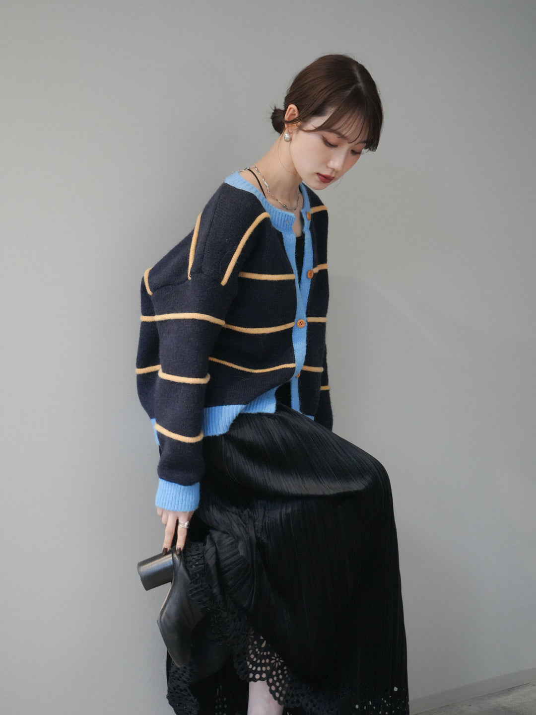 [予約]配色ボーダーニットカーディガン/navy