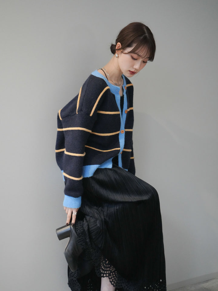 [予約]配色ボーダーニットカーディガン/navy