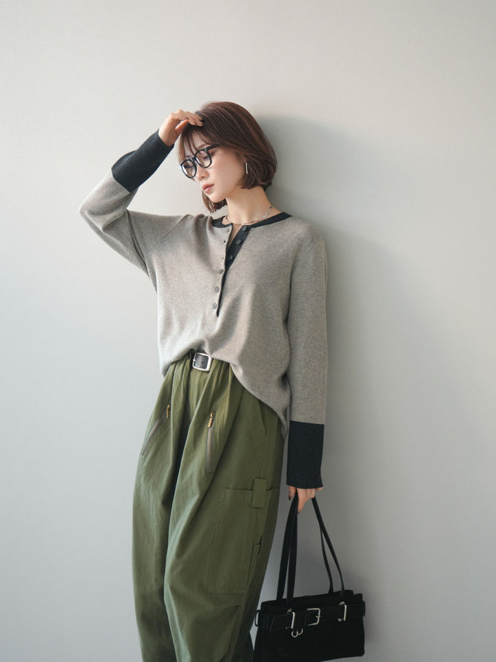 [SET]ヘンリーネック配色ニットソー+選べるアクセセット(2set)